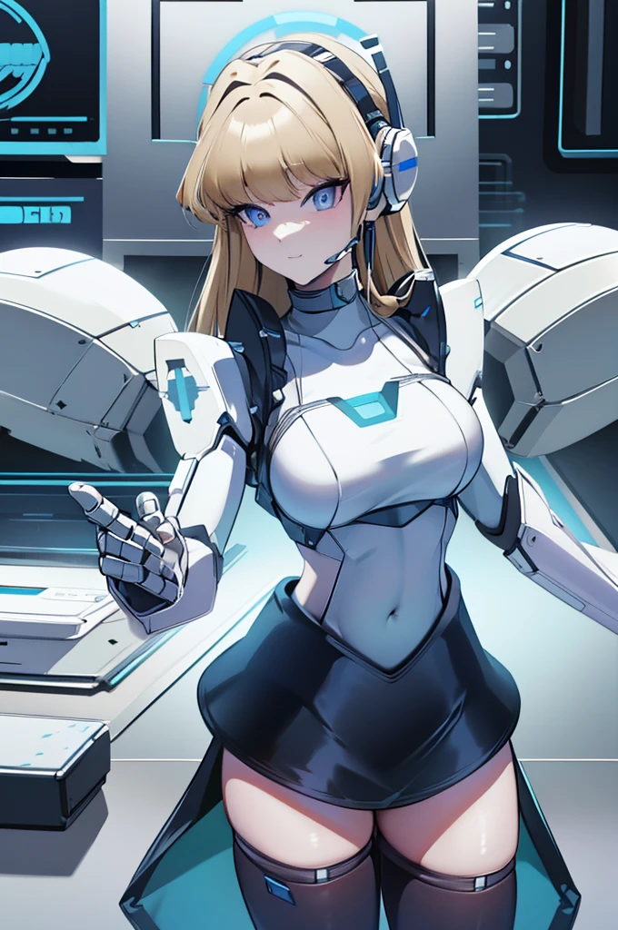 masterpiece, best quality, extremely detailed, (8K, 4K, Best Quality, hight resolution, 超A high resolution:1.1), ,8k portrait, Japaese android Girl,Plump , dark black leg cover,announcer,control panels,android,Droid,Mechanical Hand, Robot arms and legs, Black Robot Parts,Black hair,Mechanical body,Blunt bangs,perfect mechanical abdomen,White robotics parts,perfect robot woman,future laboratory,cyber pank,charging spot,laboratory,long tube,thick cable connected her neck,white ceramic body ,perfect mechanical body, white robot body,lod antenna,mechanical ear cover,android,robot humanoid,black sponge joints,The removable cover is in the groin,The connection port is in the groin,opened chest panel,access panel on the chest,opened breast panel,perfect mechanical breast,perfect machine body,perfect android body,She has repaired,assembly plant,miniskirt,dark black tights,dark black leggings,smile