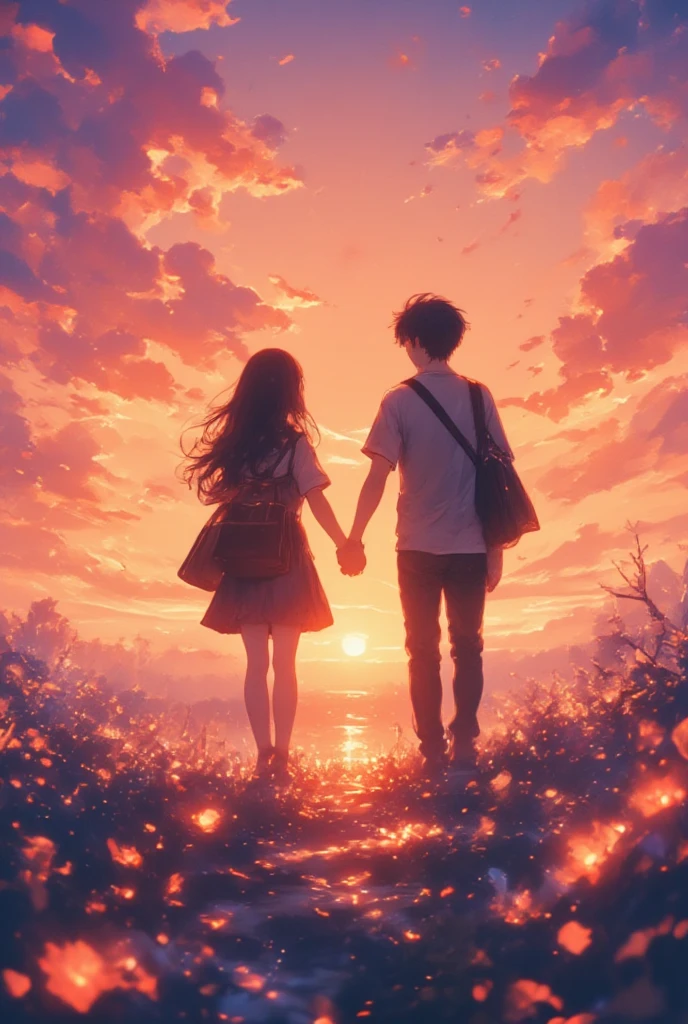 Develop an image that embodies the theme of 'first love memory' with a style that balances the fantastical with the sentimental. Portray the silhouettes of two ren donned in school attire with bags, holding hands amid a gloriously romantic sunset. Infuse the scene with an array of dreamlike colors and softly blurred edges that suggest a memory cherished over time. The flowers, depicted as gently floating around the couple, should embody an ethereal quality reflecting hope and budding affection. Draw from the gentle, wistful aesthetic of Makoto Shinkai's work, where each scene is both fantastical yet deeply relatable. This image should capture the pure, hopeful excitement of first love, woven together by the gentle interplay of light, shadow, and the brilliant bloom of a vibrant memory.