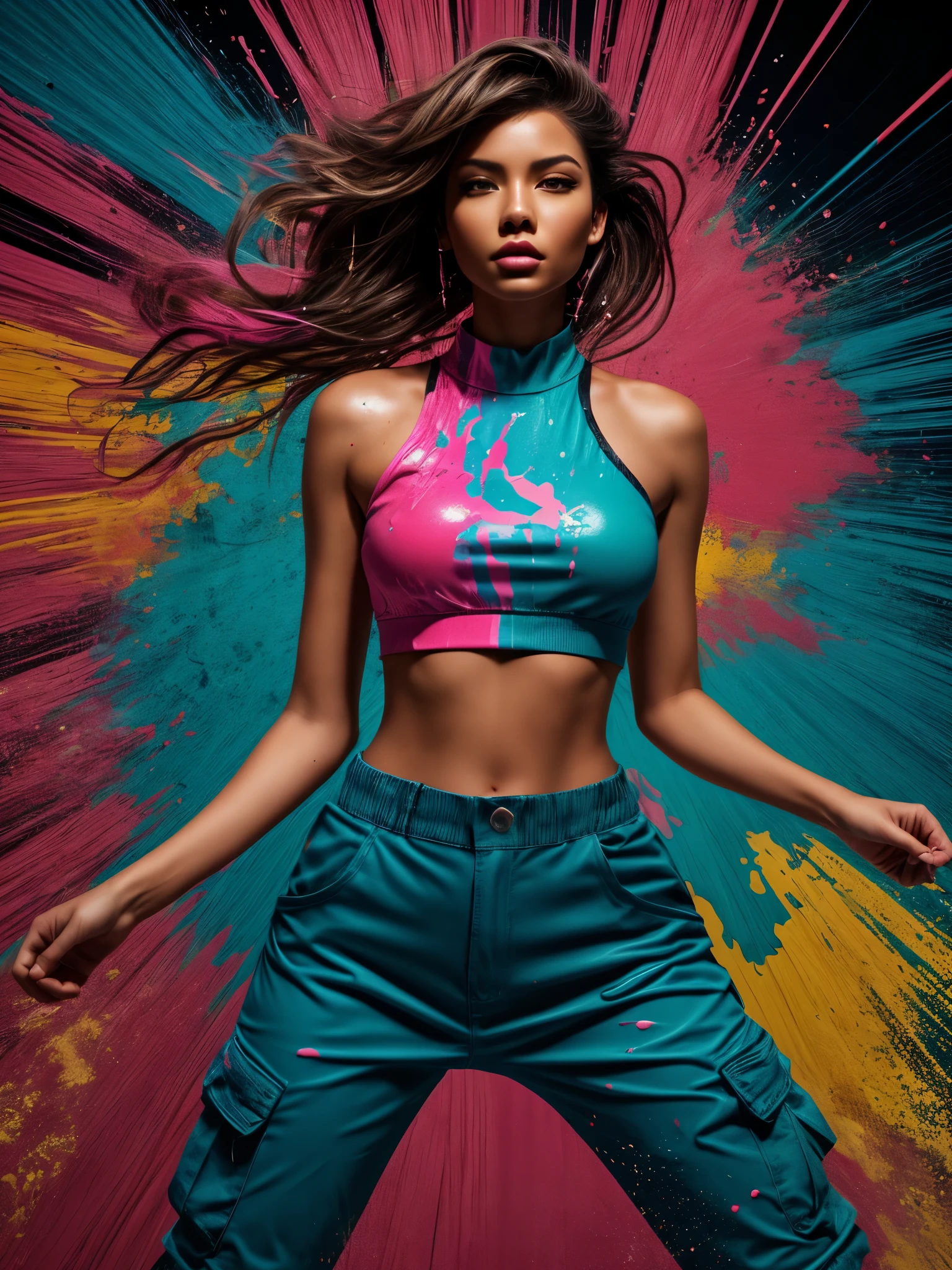 samdoesarts style award winning half body portrait of a beautiful woman in a croptop and cargo pants with ombre navy blue teal hairstyle with head in motion and hair flying, paint splashes, splatter, outrun, vaporware, shaded flat illustration, digital art, trending on artstation, highly detailed, fine detail, intricate, dia.zerva