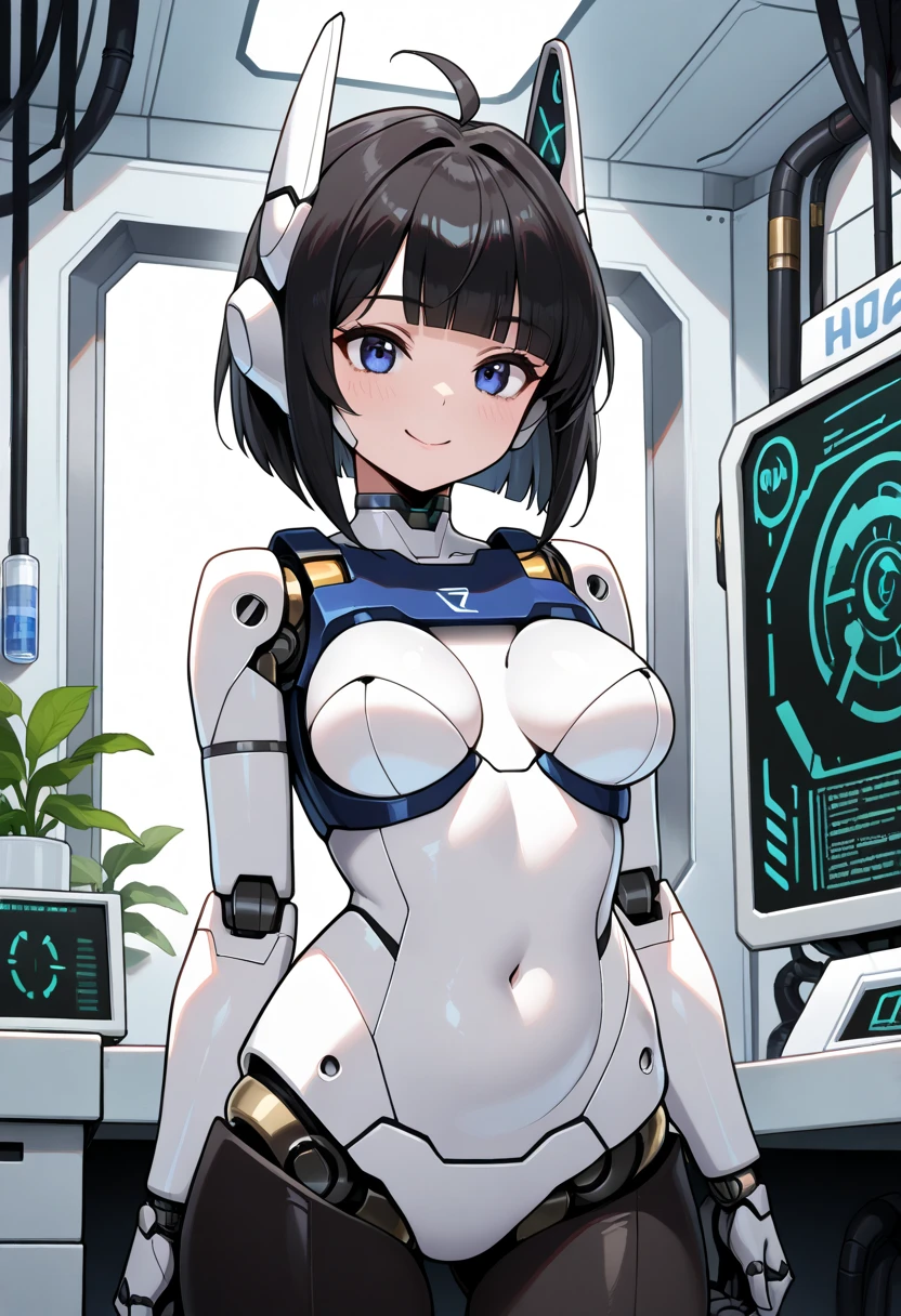 masterpiece, best quality, extremely detailed, (8K, 4K, Best Quality, hight resolution, 超A high resolution:1.1), ,8k portrait, Japaese android Girl,Plump , dark black leg cover,announcer,control panels,android,Droid,Mechanical Hand, Robot arms and legs, Black Robot Parts,Black hair,Mechanical body,Blunt bangs,perfect mechanical abdomen,White robotics parts,perfect robot woman,future laboratory,cyber pank,charging spot,laboratory,long tube,thick cable connected her neck,white ceramic body ,perfect mechanical body, white robot body,lod antenna,mechanical ear cover,android,robot humanoid,black sponge joints,The removable cover is in the groin,The connection port is in the groin,opened chest panel,access panel on the chest,opened breast panel,perfect mechanical breast,perfect machine body,perfect android body,She has repaired,assembly plant,dark black tights,dark black leggings,smile