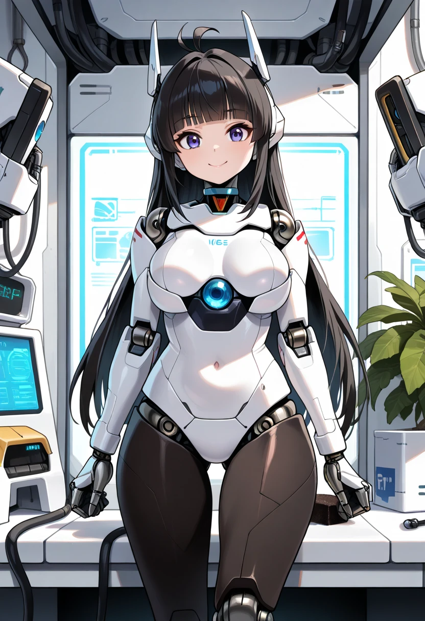 masterpiece, best quality, extremely detailed, (8K, 4K, Best Quality, hight resolution, 超A high resolution:1.1), ,8k portrait, Japaese android Girl,Plump , dark black leg cover,announcer,control panels,android,Droid,Mechanical Hand, Robot arms and legs, Black Robot Parts,Black hair,Mechanical body,Blunt bangs,perfect mechanical abdomen,White robotics parts,perfect robot woman,future laboratory,cyber pank,charging spot,laboratory,long tube,thick cable connected her neck,white ceramic body ,perfect mechanical body, white robot body,lod antenna,mechanical ear cover,android,robot humanoid,black sponge joints,The removable cover is in the groin,The connection port is in the groin,opened chest panel,access panel on the chest,opened breast panel,perfect mechanical breast,perfect machine body,perfect android body,She has repaired,assembly plant,dark black tights,dark black leggings,smile