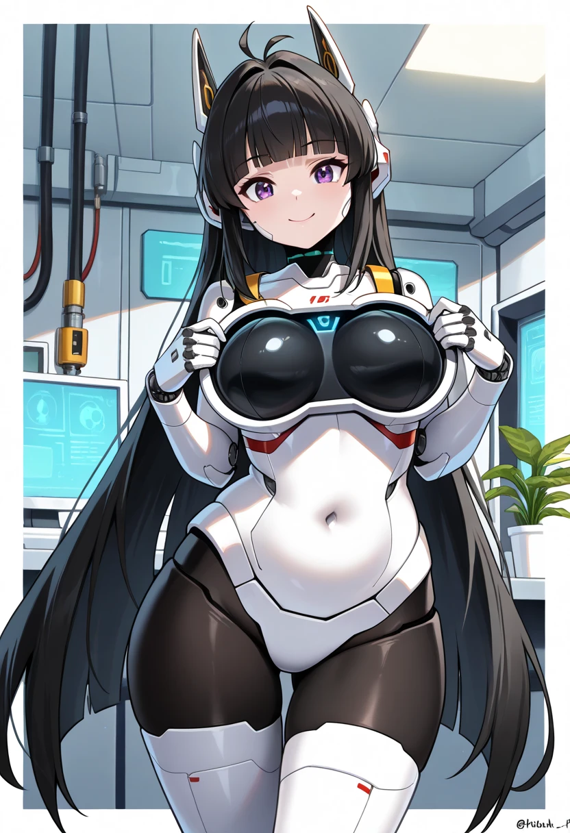 masterpiece, best quality, extremely detailed, (8K, 4K, Best Quality, hight resolution, 超A high resolution:1.1), ,8k portrait, Japaese android Girl,Plump , dark black leg cover,announcer,control panels,android,Droid,Mechanical Hand, Robot arms and legs, Black Robot Parts,Black hair,Mechanical body,Blunt bangs,perfect mechanical abdomen,White robotics parts,perfect robot woman,future laboratory,cyber pank,charging spot,laboratory,long tube,thick cable connected her neck,white ceramic body ,perfect mechanical body, white robot body,lod antenna,mechanical ear cover,android,robot humanoid,black sponge joints,The removable cover is in the groin,The connection port is in the groin,opened chest panel,access panel on the chest,opened breast panel,perfect mechanical breast,perfect machine body,perfect android body,She has repaired,assembly plant,dark black tights,dark black leggings,smile