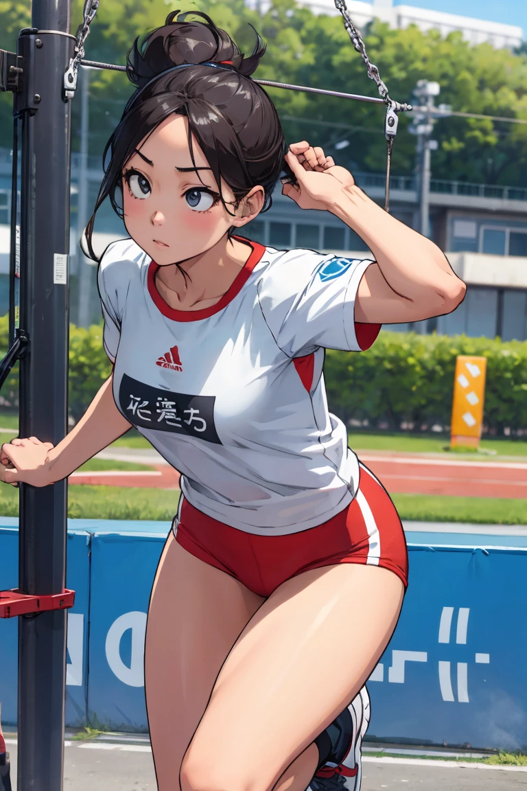 Shyness、embarrassed from、Brown hair、Clear liquid leaks out of the crotch、 track and field、buruma、Stadium、gymnastic suit、Gymnastics、panties small、frombelow、low angles
