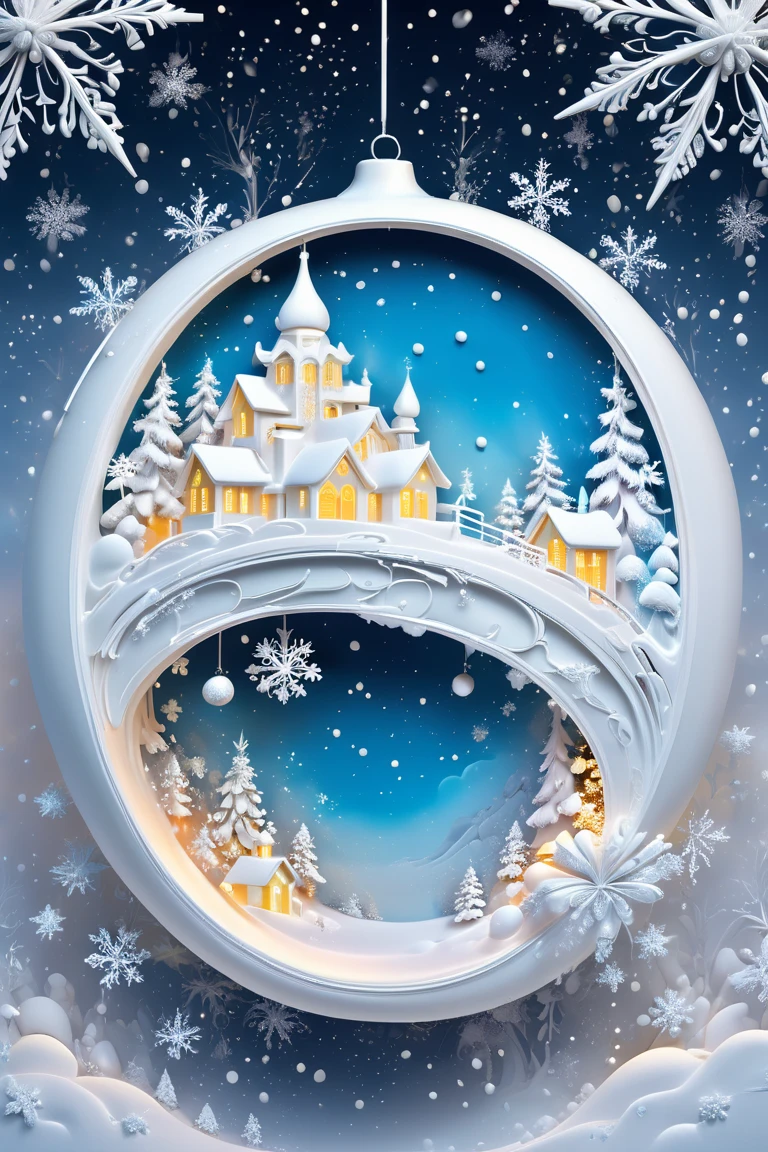  on a white matte Christmas ball 3d winter snowy landscape,  bas-relief , large white air bow on top , Snowflakes are falling, neon