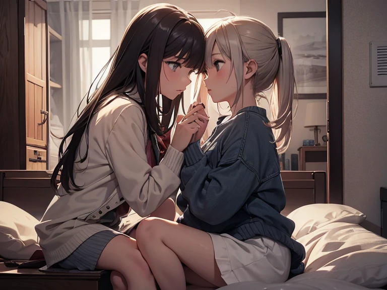NSFW, tmasterpiece, hiquality, detailing, school classroom, 2 girls, Sitting on a desk, blue blouse, no shoes, excitement, caress each other, Erotica, underpants, perineum, the kiss, French kiss, Erotic hugs,