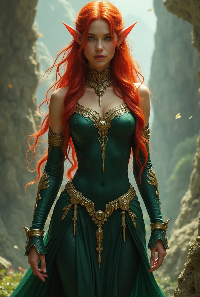 masterpiece, Best Quality, Illustration, Ultra-detailed, finely detail, high resolution, 8K Wallpaper, Perfect dynamic composition, beautiful woman slim, tall body, big green detailed, intricate, realistic, light green eyes, big red lips, freckles, realistic detailed face and skin, eyeliner, blush, eyeshadow, layered, big shoulder length red hair, floating hair, messy hair, hair framing face, serene smile, elaborate embroidered silk iridescent dress, silk knee high boots, full body, futuristic cityscape, dreamy, blue sky, fashion photo,