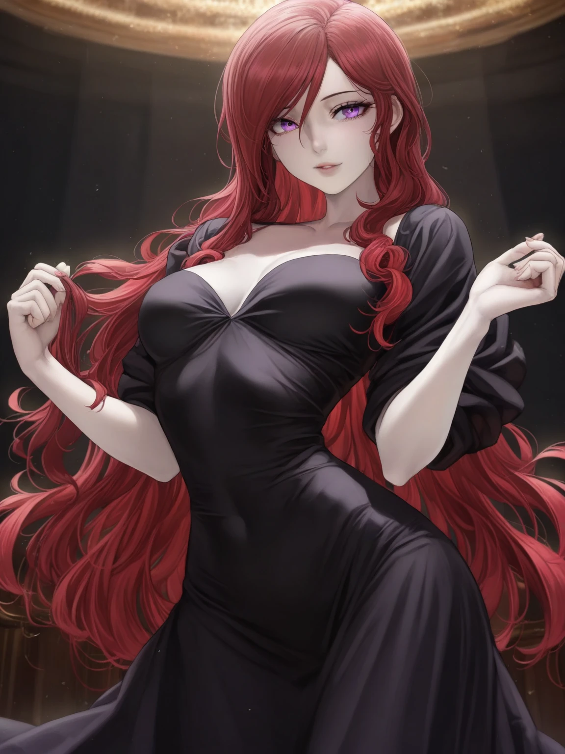 Masterpiece, very detailed, ultra detailed, one, (1 woman), she is in a dark detailed dress, long hair, red hair, beautiful, charming, bright purple eyes, elegant, hot figure, medium breasts(huge), pale skin, narrow waist, she is in danger.