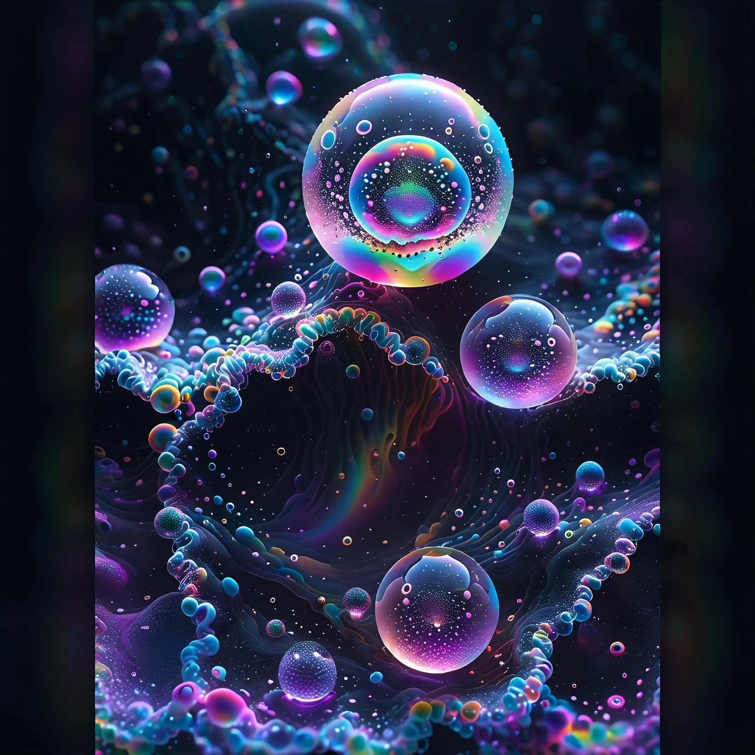 A close up of beautiful bubbles floating on top of each other, Glowing Nightmare, Glowing Runes_green Glowing Runes_pink,LSD, DMT imagery. octane render, psychedelic droplets of water, abstract liquid, and intricate rainbow art. octane render, black 3d fluid simulation,  ethereal bubbles, swirling liquids, and highly detailed, octane render, reflective rainbow bubbles, twisted colors inside of glass spheres, Psilocybin Dream inside an amazing image of light emerging from colors in a shimmering glass morphing out of colors, bright neon and fluorescent colors,very bright, vibrant colors, perfectly formed and symmetrical reflective bubbles and spheres, attention to detail with these beautiful bubbles and spheres, Extreme Hallucinations in a gorgeous piece of  psychedelic digital artwork, Stunning, pixel art, tripped out colors, 4d mandelbulb psychedelics, glass like psychedelic landscape, intricate rainbow environment, psychedelic underwater brightness and glow with neon colors, glowing colors twist inside of translucent glass spheres and bubbles with light and color reflecting off of both in bright fluorescent colors, psychedelic trip, fluorescent and neon aesthetic, psychedelic vibrant colors, bright psychedelic paint splattered backgrounds,swirling spirals and vortex, bright vibrant colors popping out from 3d glass spheres, Rotational Symmetry, Pixel Assets, Portrait photography, Surrealism, Photorealistic, Hyperdetailed, Glass Morphism, Digital Art, Sparkle, Optical Illusion, Glowing Light, Reflective Light, Overexposure, Backlighting, Depth Of Field, Spheres and bubbles show perfect Symmetry, Awe inspiring, Breathtaking, Indescribably Beautiful, Heaven sent images, Best Quality, Award Winning, MasterpieceA close up of beautiful bubbles floating on top of each other, LSD, DMT imagery. octane render, psychedelic droplets of water, abstract liquid, and intricate rainbow art. octane render, black 3d fluid simulation,  ethereal bubbl