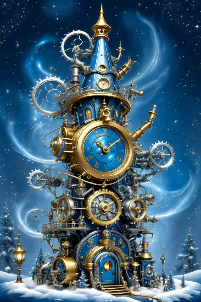  blue-silver fantasy live steampunk Christmas tree,  hyperdetail high resolution , hips,  cuckoo cuckoo clocks , golden snake, gold stars ,  Greg Simkins style ,  miniature steam engines and steam locomotives 