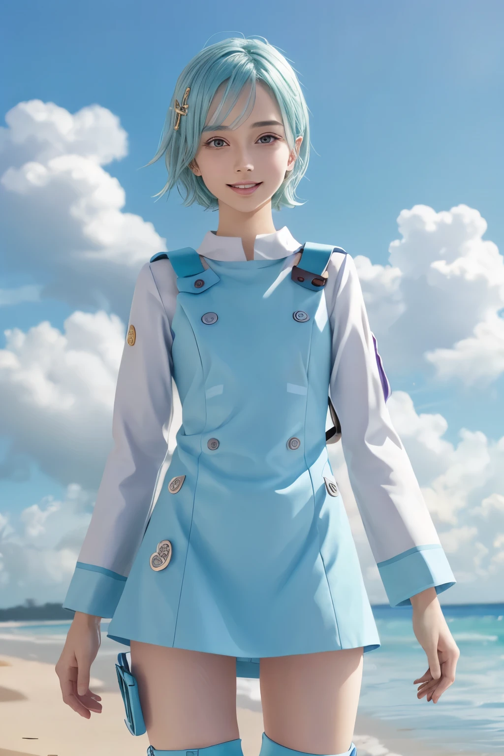  1 girl, Alone,  upper body、 short hair, purple eyes,  thigh strap to hide one ear,  hair ornament,  hair clip,  aqua hair,  open mouth, smile,  dress,  Long Sleeve , looking at viewer, short  dress,  lean forward,  knee boots ,   thigh pouch to hide one ear, , masterpiece ,8k unity wallpaper, Anime Key Visual , top quality,  high definition ,  Unity 8K Wallpaper , (shape:0.8),  highly detailed faces, high definition eyes ,Shining Eyes , shiny skin, fine skin, white skin,Dark Skin, detailed hair,Highly detailed legs,perfect lighting,  CG in detail, (perfect hand,  Perfect Anatomy), high definition , Anime Key Visual ,(Detailed wear ),Thin limbs, delicate curves, Graceful Hands, Small Feet,shape:0.8, anime coloring,