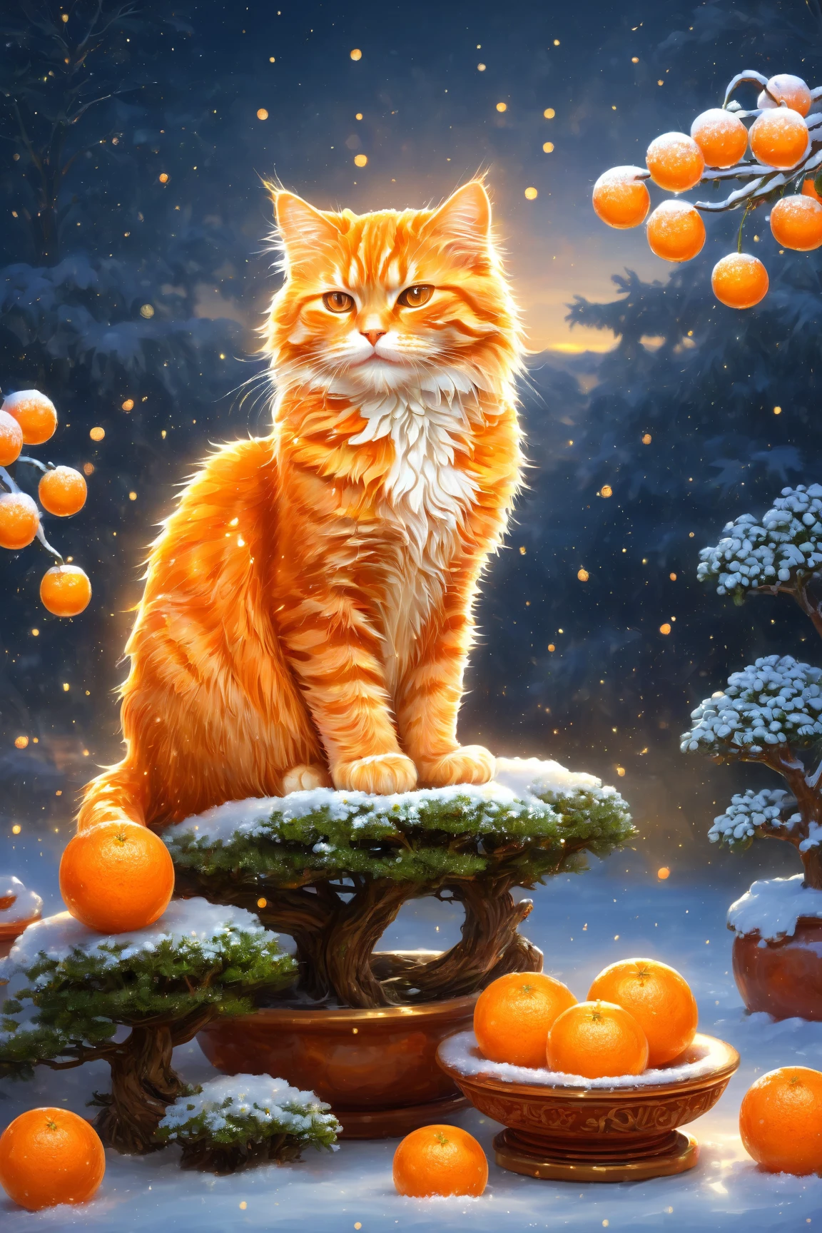 A orange cat sits next to a tangerine bonsai tree, orange dawn, winter fantasy, beautiful!!! digital art, peeled tangerines, Christmas toys, amazingly stacked image, by Cherryl Fountain, vignette on windowsill, sunbeams, в стиле Грег Симкинс