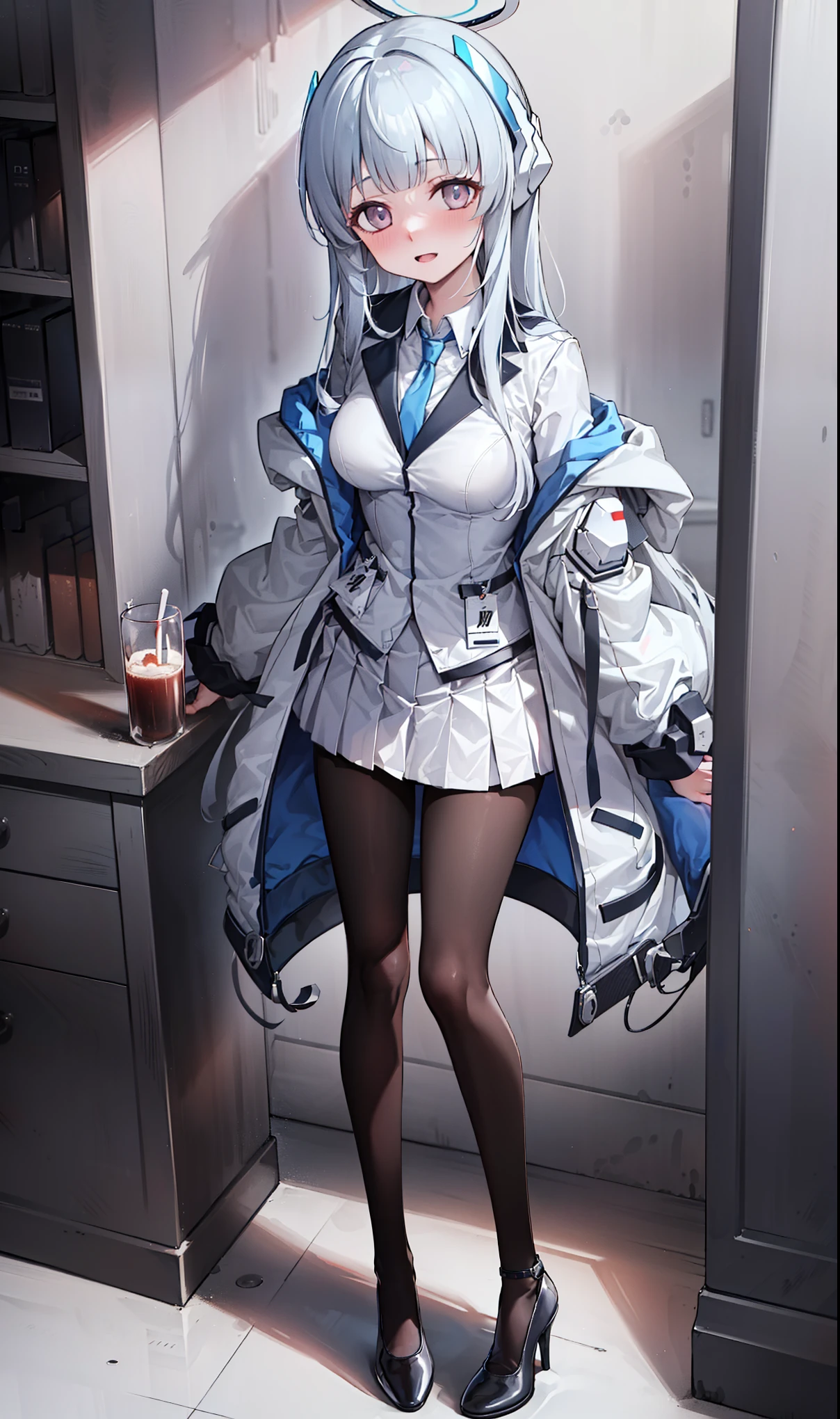 A giantess in a white lab coat towers over a tiny laboratory. Her curious gaze falls upon the miniature scientists below, who scramble to get out of her way. She leans down, her massive fingers delicately picking up a tiny test tube for closer inspection.

