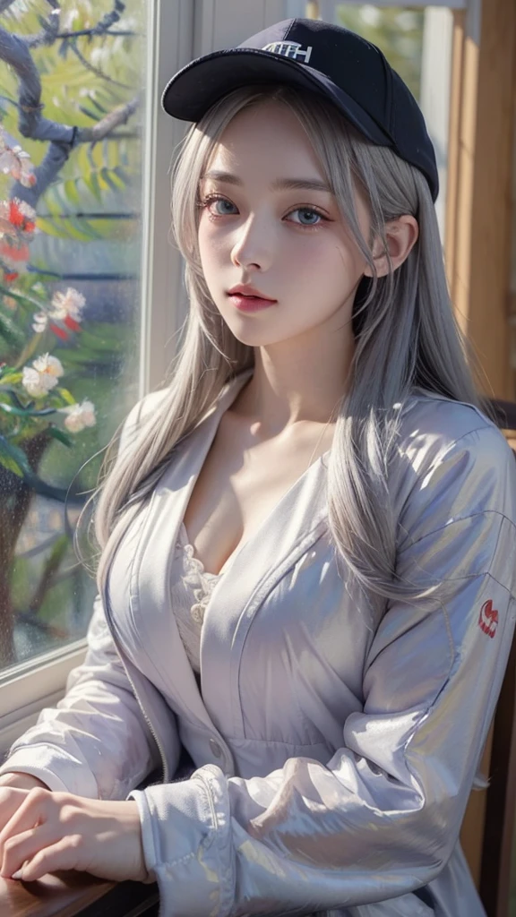 masterpiece,  top quality, 4K,  super high resolution , mishoujo, Painting,  Beautiful Eyes and Exquisite Faces ,  illustrations,  beautiful details , high resolution  illustrations, Shine_white_particle,  1 girl, white hair, Light purple eyes, Hair on one eye,  Short Side Tail,  baseball cap,expressionless,  window shade ,  black jacket, Chest Rig,  cyberpunk, Techwear,(Impressionism :1.4), Vincent van Gogh