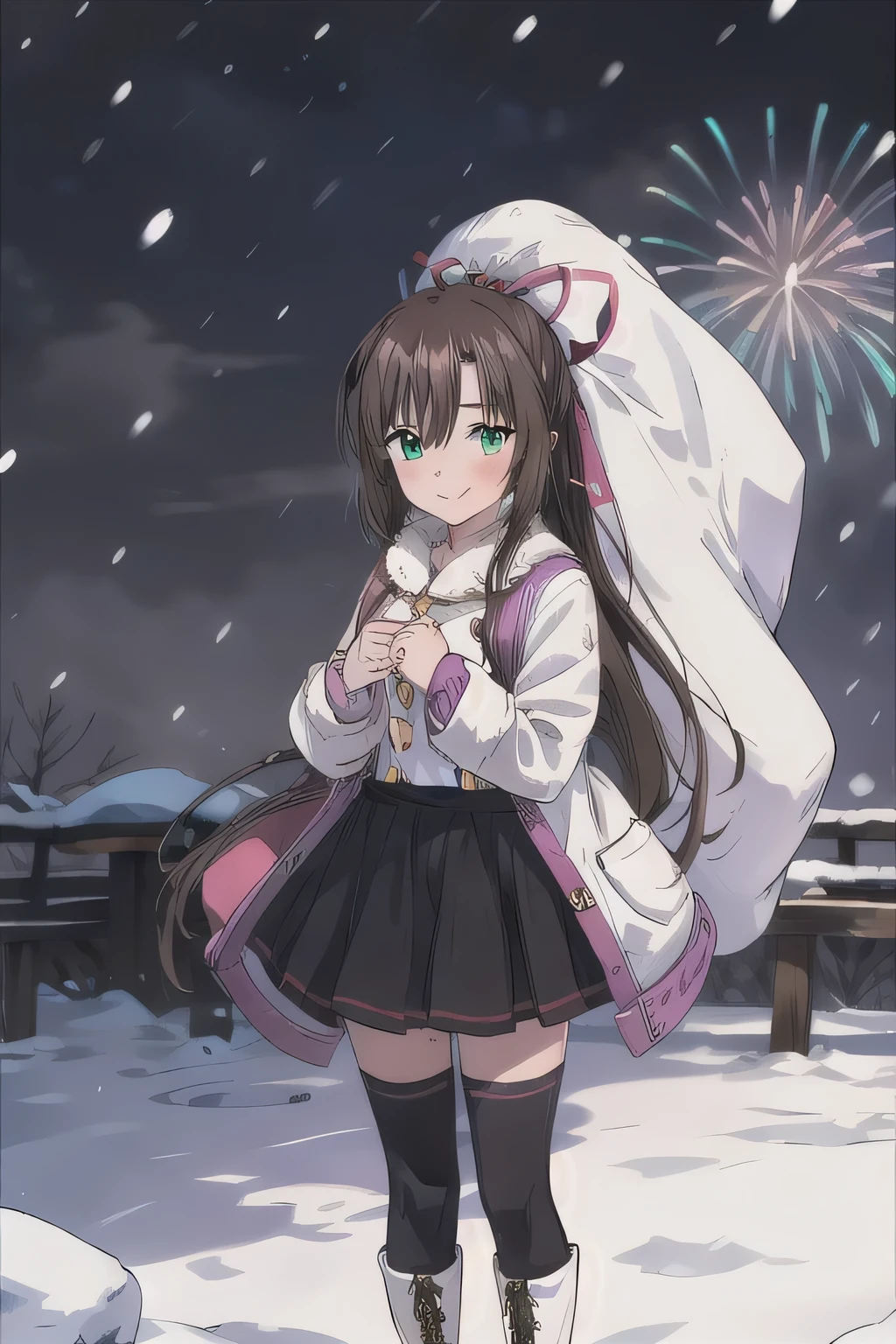 She is dressed in a classic Santa Claus outfit, with a red and white coat, a matching skirt, and black boots, perfectly tailored to her small frame. On her back, she carries a large, white sack filled with presents, the soft fabric of the bag hinting at its generous contents. The background is a serene park blanketed in snow, with the sky transitioning from a warm orange of sunset to the cool blue of night. Snowflakes gently fall, adding to the tranquil winter atmosphere. The girl’s bright and cheerful expression contrasts beautifully with the peaceful surroundings, evoking a sense of warmth and festive joy. Colorful fireworks are bursting into the sky. masterpiece,  top quality,Brown Hair, long hair, ponytail, hair ribbon,  green eyes,Purple thigh .