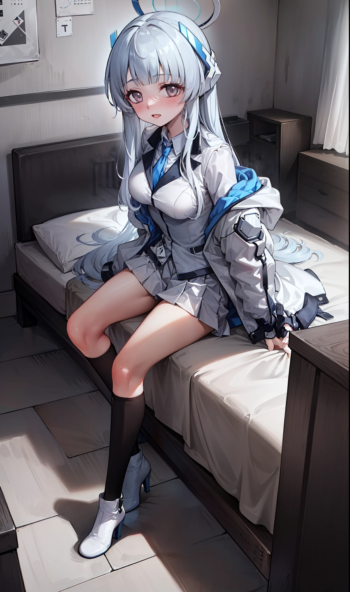 (Exquisite Tidal Noa), 8K,  super high resolution, (masterpiece:1.2), (,   delicate and beautiful eyes  ), Extremely subtle, , Real light and shadow, permanent, Natural Movement, rest (Blue tie,   white shirt  ,   Strapless, White jacket, Open-front jacket, Long sleeve,   White Dress  , Pleated Skirt,   black stockings ),   Mechanical housing，arms，floating，In battle，