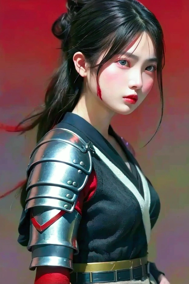 (Japanese sword &reference;Muramasa 2&reference;.2)One beautiful woman、A woman with a Japanese sword、armor、pocket、Warrior、Clear Eyes、Red Eye、{Arm tattoo、Warrior、Realistic battle scenes、Enemy Warrior&#39;s Blood、Blood、High resolution、Highest quality、Very detailed、8k、background、