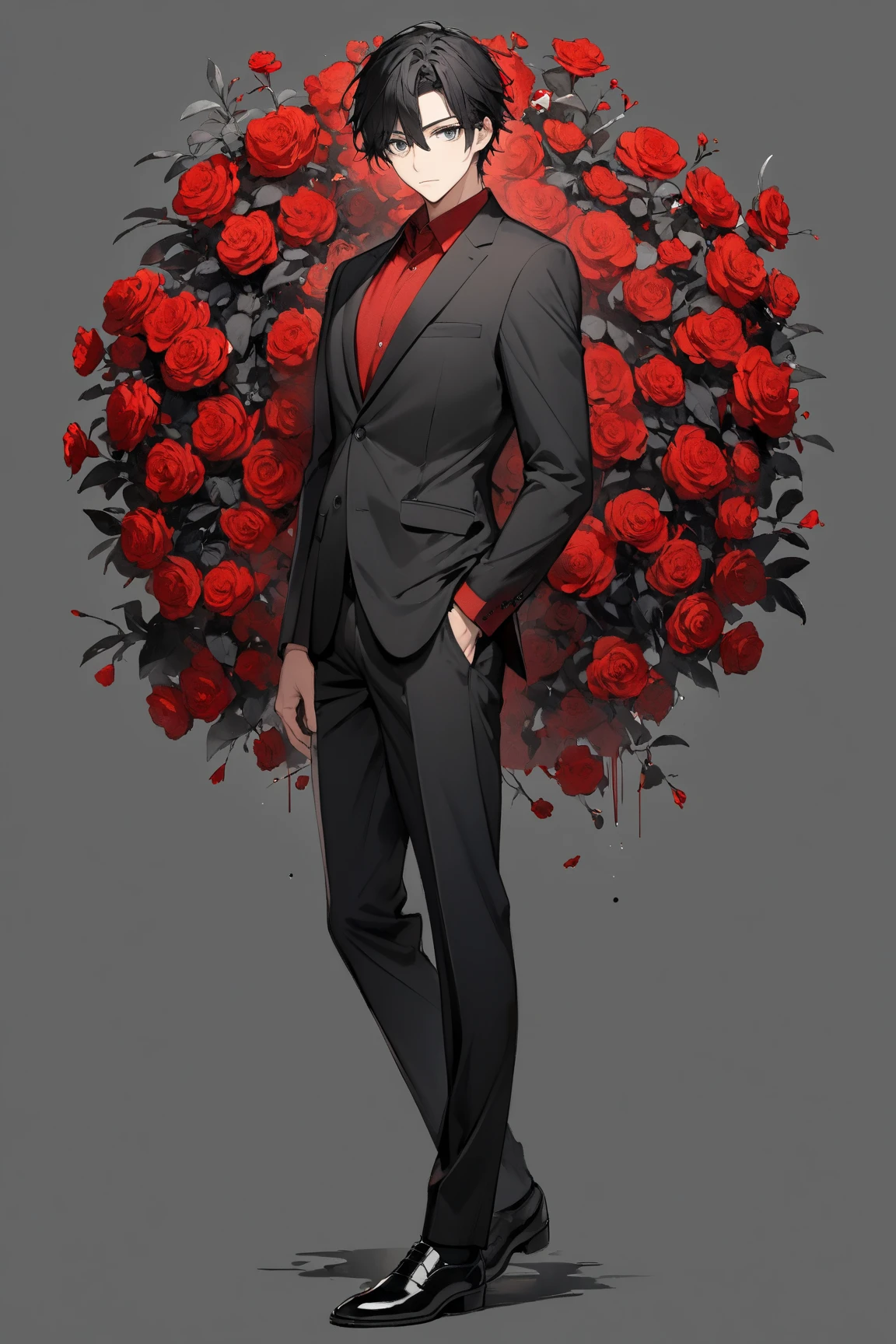 (masterpiece), best quality, seductive eyes, perfect face, handsome man, red eyes, short messy black hair, long nose, business suit, black necktie, black fitted pants, full body, extremely tall man, long legs, long calves, anime cover, 1boy, ear piercings, hands in pockets, adult-like look, the background is a company 
