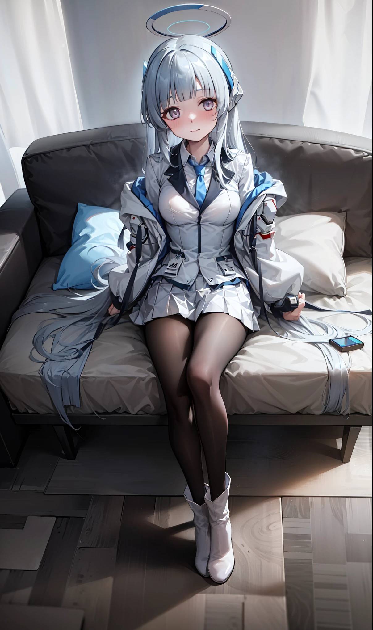 (Exquisite Tidal Noa), 8K,  super high resolution, (masterpiece:1.2), (,   delicate and beautiful eyes  ), Extremely subtle, , Real light and shadow, permanent, Natural Movement, rest (Blue tie,   white shirt  ,   Strapless, White jacket, Open-front jacket, Long sleeve,   White Dress  , Pleated Skirt,   black stockings ),   Mechanical housing，arms，floating，In battle，