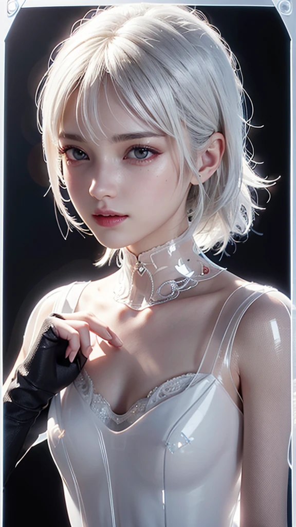 (masterpiece, Highest quality:1.2), 1 person, alone, Close-up of a woman in a bikini and jacket posing leaning against a railing, cyber punk, cyber punkオッパイ, cyber punkアニメアート,Browsing Caution, ((Woman with tattoo on chest)), Erect nipples, ((Short white hair with bangs, Black strands of hair)), Purple eyes,. 超High resolution.Realistic. 超High resolution.Realistic:1.4,超High resolution. Realistic,High resolutionで, masterpiece, Highest quality, Very detailed, Better Shadows, Volumetric lighting), super high quality, High resolution, 8k, 超Realisticな肖像画 , Realistic, Dynamic Lighting, Volumetric lighting, Very detailed顔