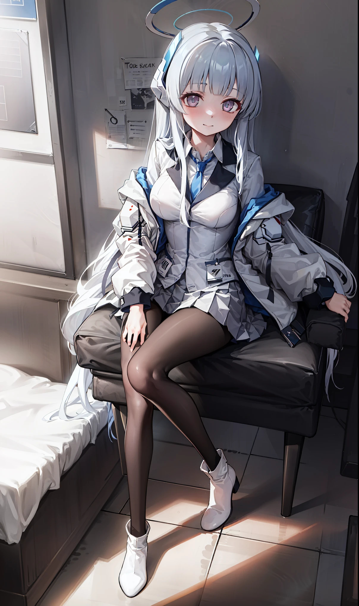 (Exquisite Tidal Noa), 8K,  super high resolution, (masterpiece:1.2), (,   delicate and beautiful eyes  ), Extremely subtle, , Real light and shadow, permanent, Natural Movement, rest (Blue tie,   white shirt  ,   Strapless, White jacket, Open-front jacket, Long sleeve,   White Dress  , Pleated Skirt,   black stockings ),   Mechanical housing，arms，floating，In battle，