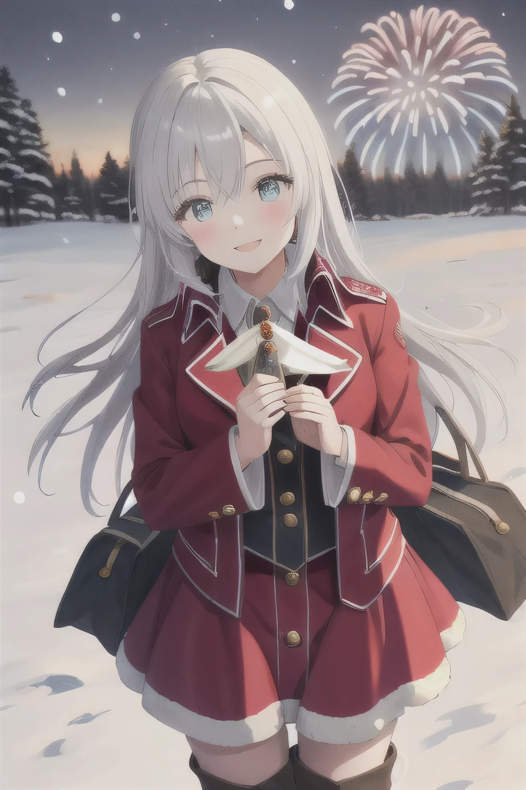 She is dressed in a classic Santa Claus outfit, with a red and white coat, a matching skirt, and black boots, perfectly tailored to her small frame. On her back, she carries a large, white sack filled with presents, the soft fabric of the bag hinting at its generous contents. The background is a serene park blanketed in snow, with the sky transitioning from a warm orange of sunset to the cool blue of night. Snowflakes gently fall, adding to the tranquil winter atmosphere. The girl’s bright and cheerful expression contrasts beautifully with the peaceful surroundings, evoking a sense of warmth and festive joy. Colorful fireworks are bursting into the sky. masterpiece,  top quality,  high definition , Gray Hair.