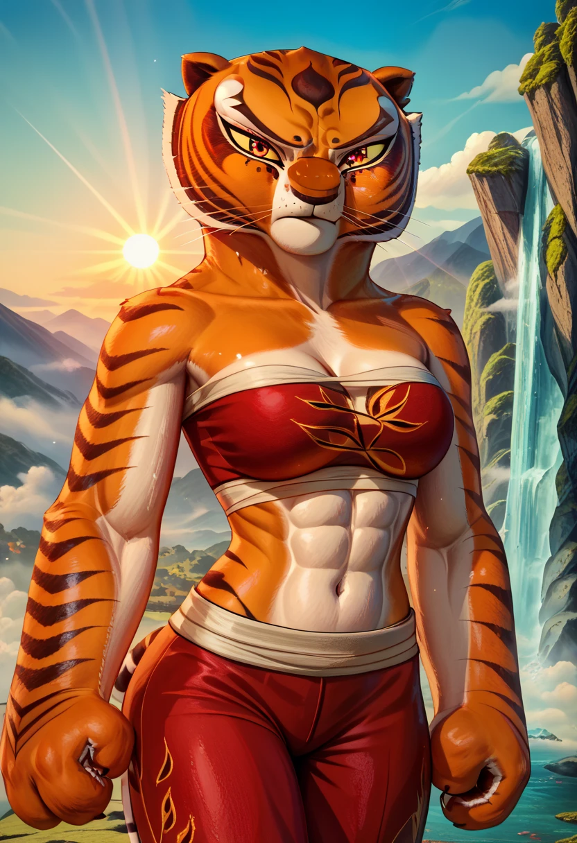 [Master Tigress], [Kung Fu Panda], [By Pixelsketcher], ((masterpiece)), ((HD)), ((high res)), ((solo portrait)), ((waist-up)), ((front view)), ((furry)), ((beautiful render art)), ((soft shading)), {tigress; (slim figure), (cute eyes), (detailed red iris), (curvy hips), (defined abs), (detailed muscles), (beautiful legs), (frown), (annoyed expression)}, {(wrapped in bandages), (bandage bandeau), (cleavage), (navel), (red kung fu sweatpants)}, {(standing), (holding red towel), (intimidating glare), (looking at viewer)}, [Background; (mountains), (waterfall), (steam), (fog), (blue sky), (sun rays), (ambient lighting)]