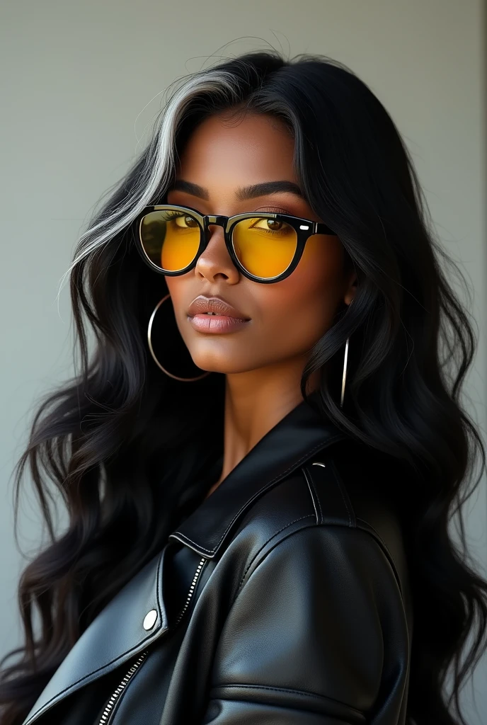 tall woman, black, voluminous brown hair, eyebrow piercing, neon green triangular glasses, fleshy lips, fully body