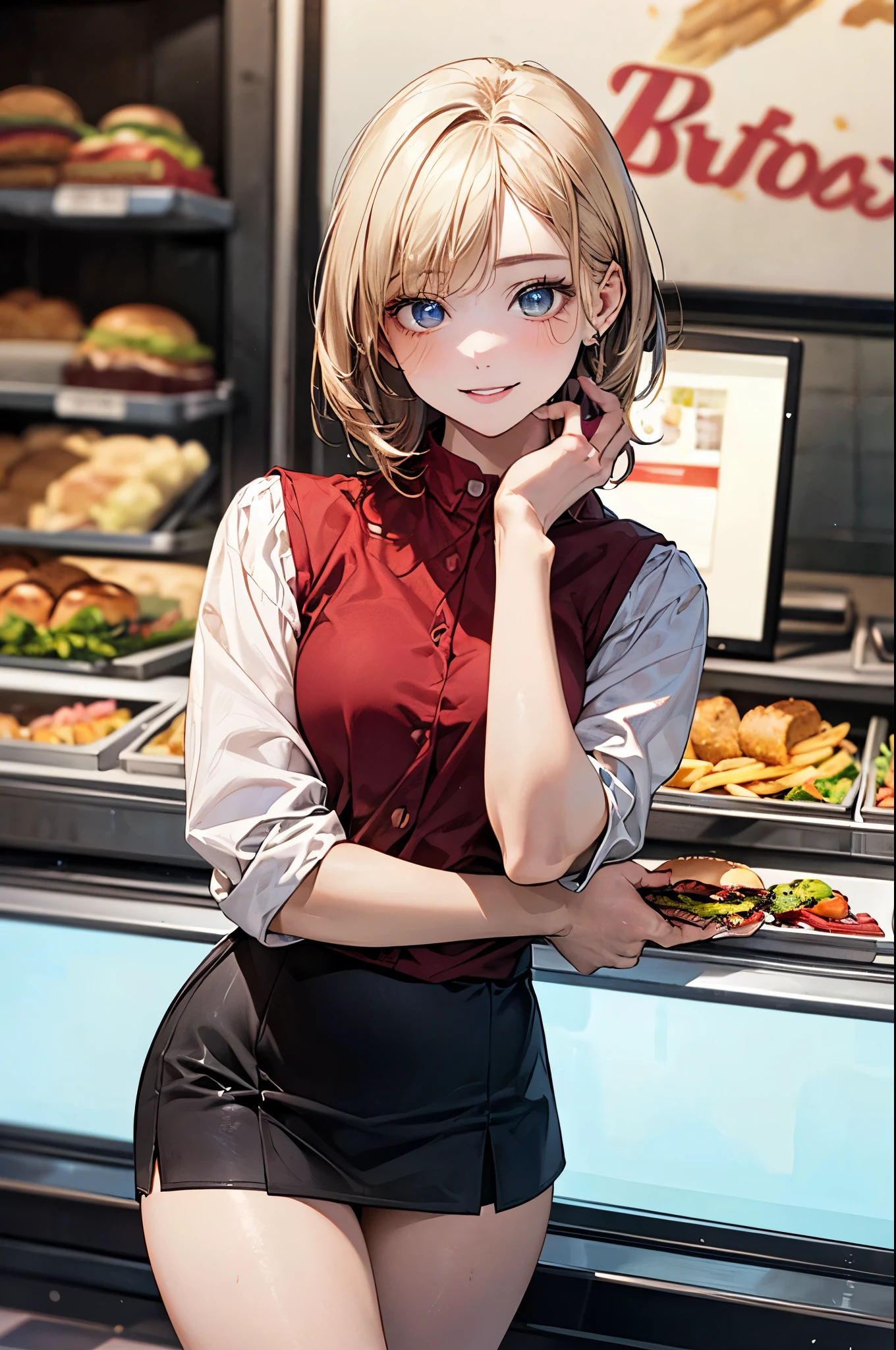 (Highest quality:1.2, Very detailed, up to date, Vibrant, Ultra-high resolution, High Contrast, masterpiece:1.2, Highest quality, Best aesthetics), 1 female, Female fast food store clerk, Red Shirt, Red visor, Black Mini Skirt, Hamburger Shop Uniform, Displayed Items, Bright interior, Female clerk at the counter, Pleasant background music, Cleanly swept floor, Tasty burger and fries, Items around the cash register,