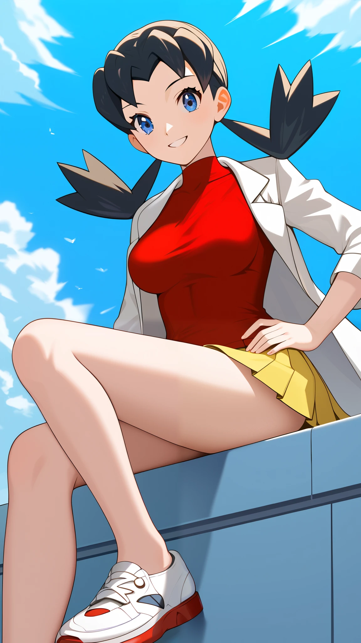 Blue-black hair,  Twin Tails ,  blue eyes,  yellow pleated mini skirt, red sleeveless shirt, white doctor coat , White shoes, Thighs,  beautiful feet, Ample breasts,  Tall,  ANIME COLORING BOOK,  viewers of the pin, 1 Female, Age 18,  standing with different breasts , whole body, Place one hand on hip,  slim figure,  sexy smile,  Seductive Smile,  score_9,  score_8_Excellent,  score_7_Excellent,  score_6_Excellent,  top quality,  source_Anime,  cell shading ,  Flat Color , vector,  Detailed Background , indoor, indoor,  break 1 girl sitting, (\ Pokémon\), Two legs,