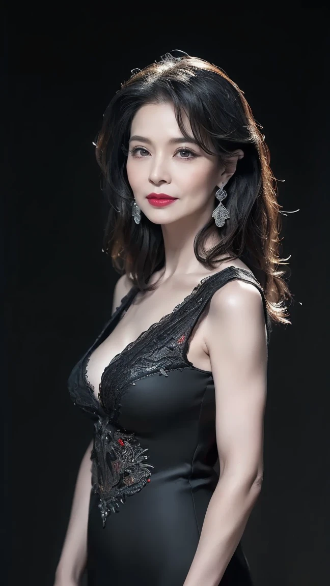 highest quality, masterpiece, High resolution, Realistic, RAW Photos, 8k wallpaper, perfection, Professional Lighting, Very detailed, ((One beautiful woman)), 80 years old, Sexy Woman, ((Black Dress)), Cleavage, Upper Body, ((look into the viewer'eye)), Detailed face, Beautiful eye, ((I'looking forward to it)), In the stylish dining room, sunny, bangs, Shapely breasts, Short Bob Hair, Plump and glossy lips, Cowboy Shot, ((Place your arms between your legs))