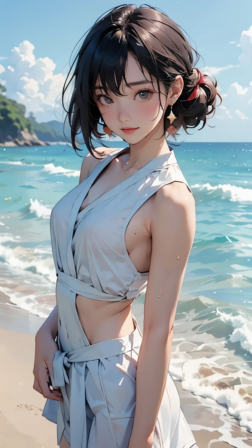 (  Japanese girl)、(Dancing lightly on the beach;1.2)、,    sleeveless dress,  Layered Cut ,   Beautiful physique、  slim abs: 1.2,   wet body: 1.2,   high-resolution face and skin textures that will distract your eyes from sticking out your shoulders,   double eyelids in judo uniforms, Messy hairstyle, plain makeup  ,  Clear Focus  : 1.2, Dynamic photos、Dazzling sunshine、top quality, 8k,   masterpiece,  