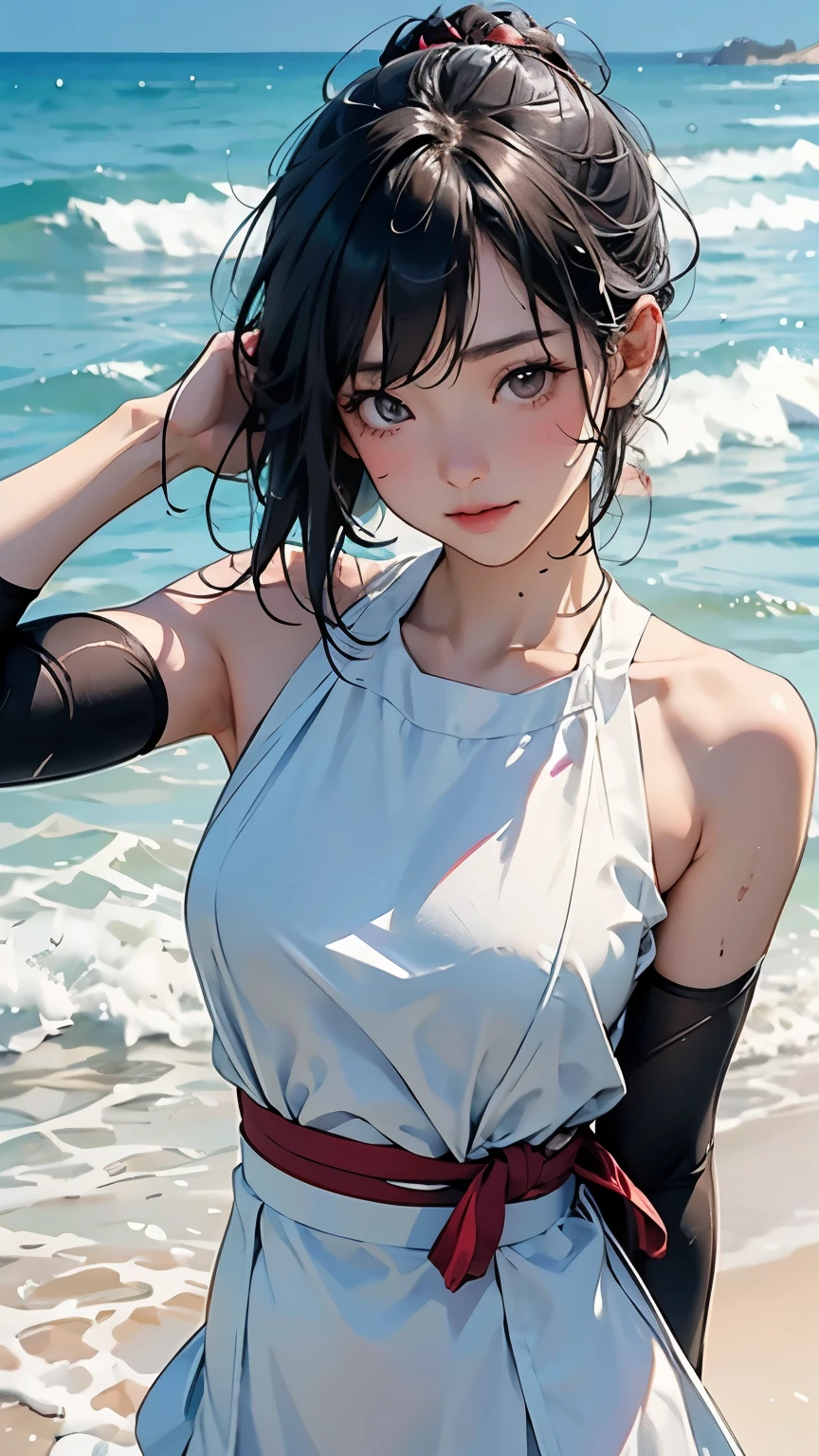 (  Japanese girl)、(Dancing lightly on the beach;1.2)、,    sleeveless dress,  Layered Cut ,   Beautiful physique、  slim abs: 1.2,   wet body: 1.2,   high-resolution face and skin textures that will distract your eyes from sticking out your shoulders,   double eyelids in judo uniforms, Messy hairstyle, plain makeup  ,  Clear Focus  : 1.2, Dynamic photos、Dazzling sunshine、top quality, 8k,   masterpiece,  