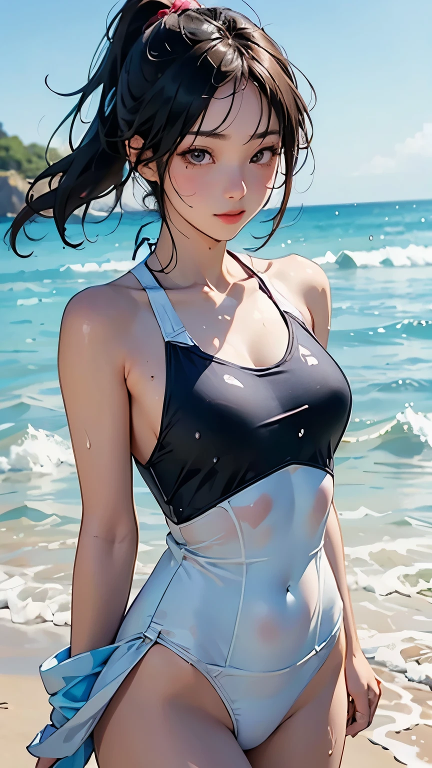 (  Japanese girl)、(Dancing lightly on the beach;1.2)、( DANCE SCENE )、(Paleo in swimsuit)、    sleeveless dress,  Layered Cut ,   Beautiful physique、  slim abs: 1.2,   wet body: 1.2,   high-resolution face and skin textures that will distract your eyes from sticking out your shoulders,   double eyelids in judo uniforms, Messy hairstyle, plain makeup  ,  Clear Focus  : 1.2, Dynamic photos、Dazzling sunshine、top quality, 8k,   masterpiece,  