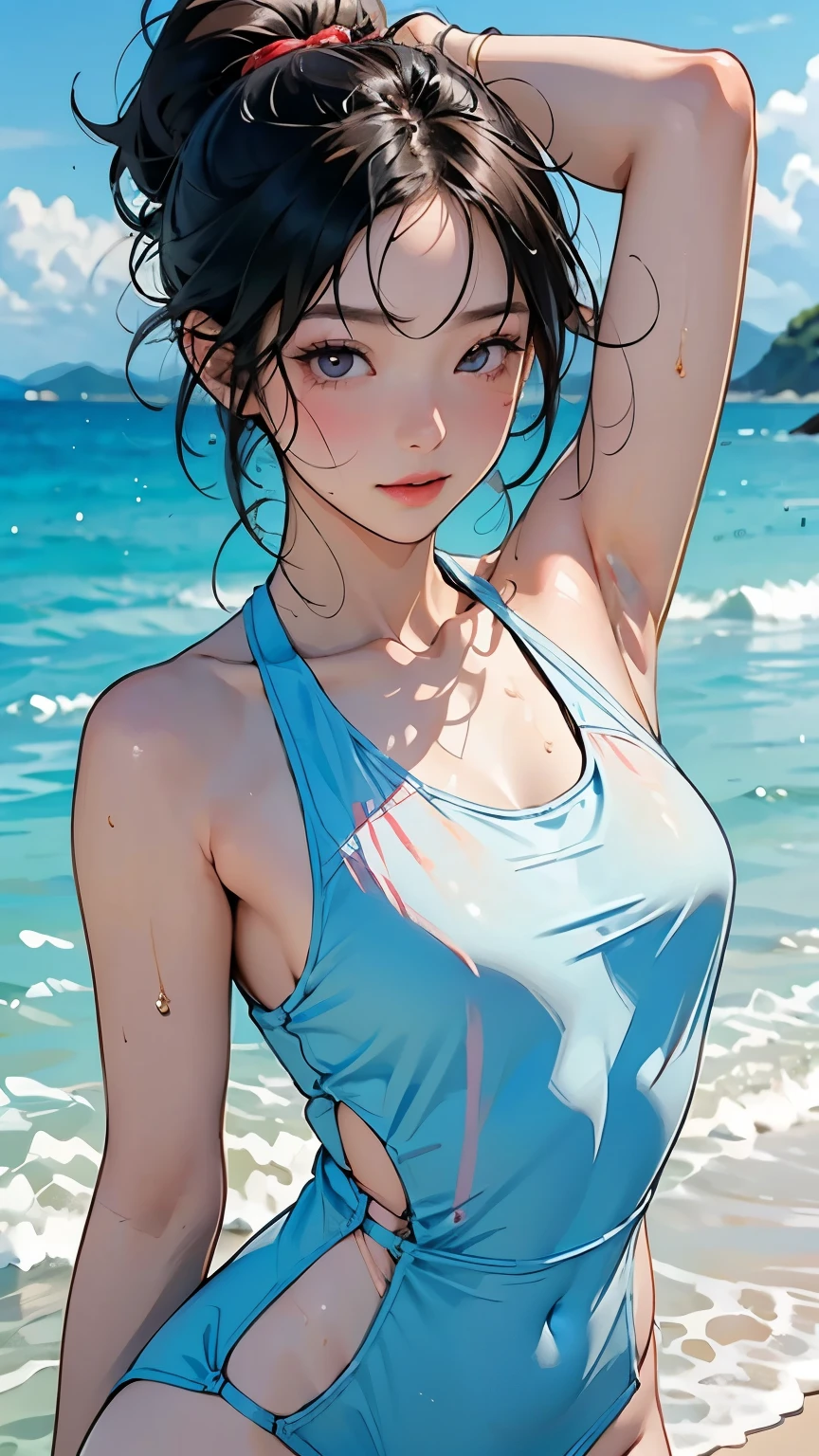 (  Japanese girl)、(Dancing lightly on the beach;1.2)、( DANCE SCENE )、( dynamic :1.2)、(Paleo in swimsuit)、    sleeveless dress,  Layered Cut ,   Beautiful physique、  slim abs: 1.2,   wet body: 1.2,   high-resolution face and skin textures that will distract your eyes from sticking out your shoulders,   double eyelids in judo uniforms, Messy hairstyle, plain makeup  ,  Clear Focus  : 1.2, ( dynamic 写真)、Dazzling sunshine、top quality, 8k,   masterpiece,  