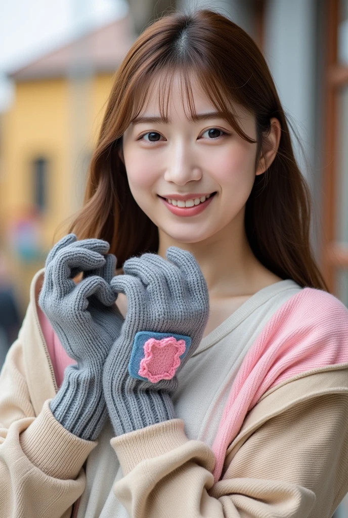 A vibrant cute asian woman with long brown hair is standing in front of a blurred background of some buildings with a yellow hue at the front. She is smiling, her eyes are squinted, and her lips are glowing brightly. She She has a beige top that shows an off white underneath and pink lines on the outside. The shoulders of her jacket are draped over her body. Her sweater is beige, with the sweater folded over the shoulders. Her hands are wrapped together .A knitted gray mohavian style glove is positioned across her chest. The glove has a patch of pink and blue on it.