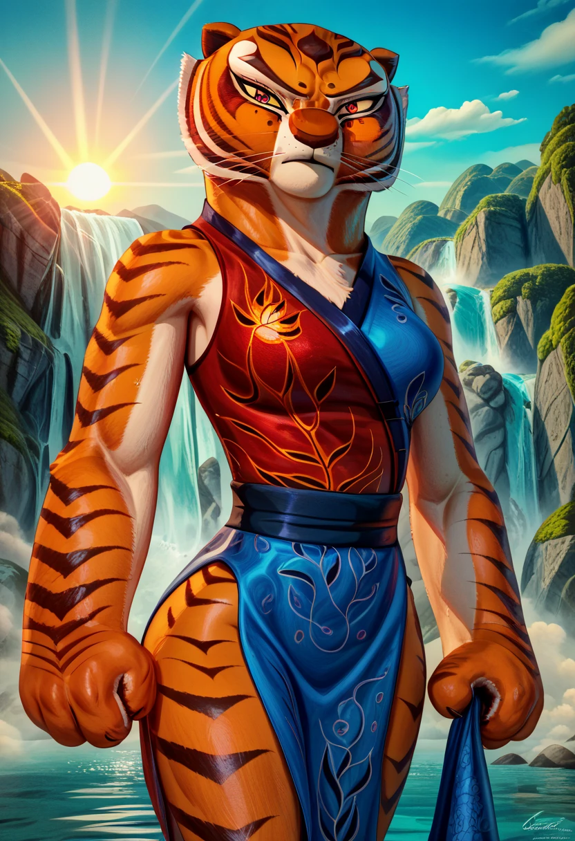 [Master Tigress], [Kung Fu Panda], [By Pixelsketcher], ((masterpiece)), ((HD)), ((high res)), ((solo portrait)), ((waist-up)), ((front view)), ((furry)), ((beautiful render art)), ((soft shading)), {tigress; (slim figure), (cute eyes), (detailed red iris), (curvy hips), (defined abs), (detailed muscles), (beautiful legs), (frown), (annoyed expression)}, {nacked,   {(standing), (holding red towel), (intimidating glare), (looking at viewer)}, [Background; (mountains), (waterfall), (steam), (fog), (blue sky), (sun rays), (ambient lighting)]