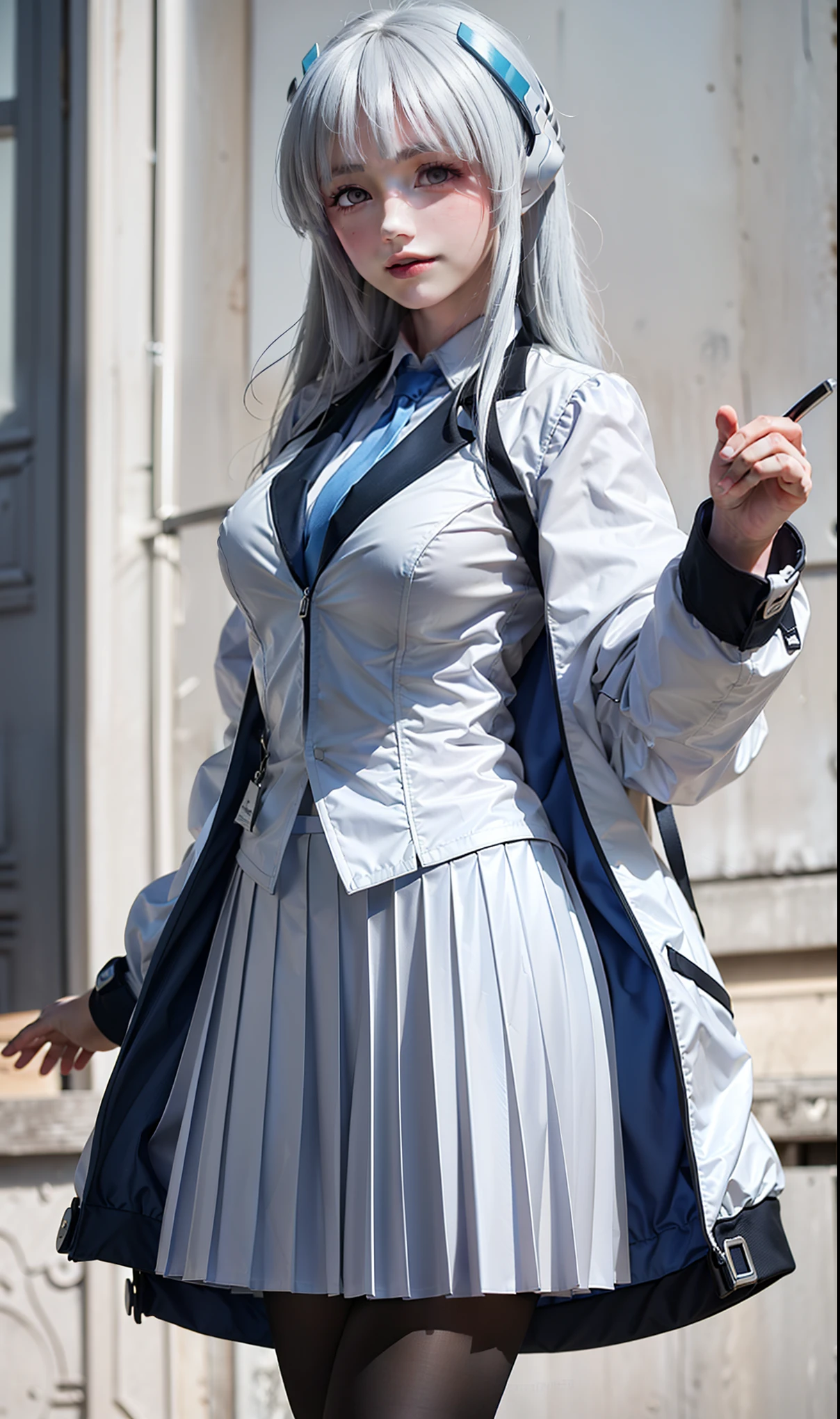 (Exquisite Tidal Noa), 8K, super high resolution, (masterpiece:1.2), (, delicate and beautiful eyes ), Extremely subtle, , Real light and shadow, permanent, Natural Movement, rest (Blue tie, white shirt , Strapless, White jacket, Open-front jacket, Long sleeve, White Dress , Pleated Skirt, black stockings ), Mechanical housing,arms,floating,In battle,