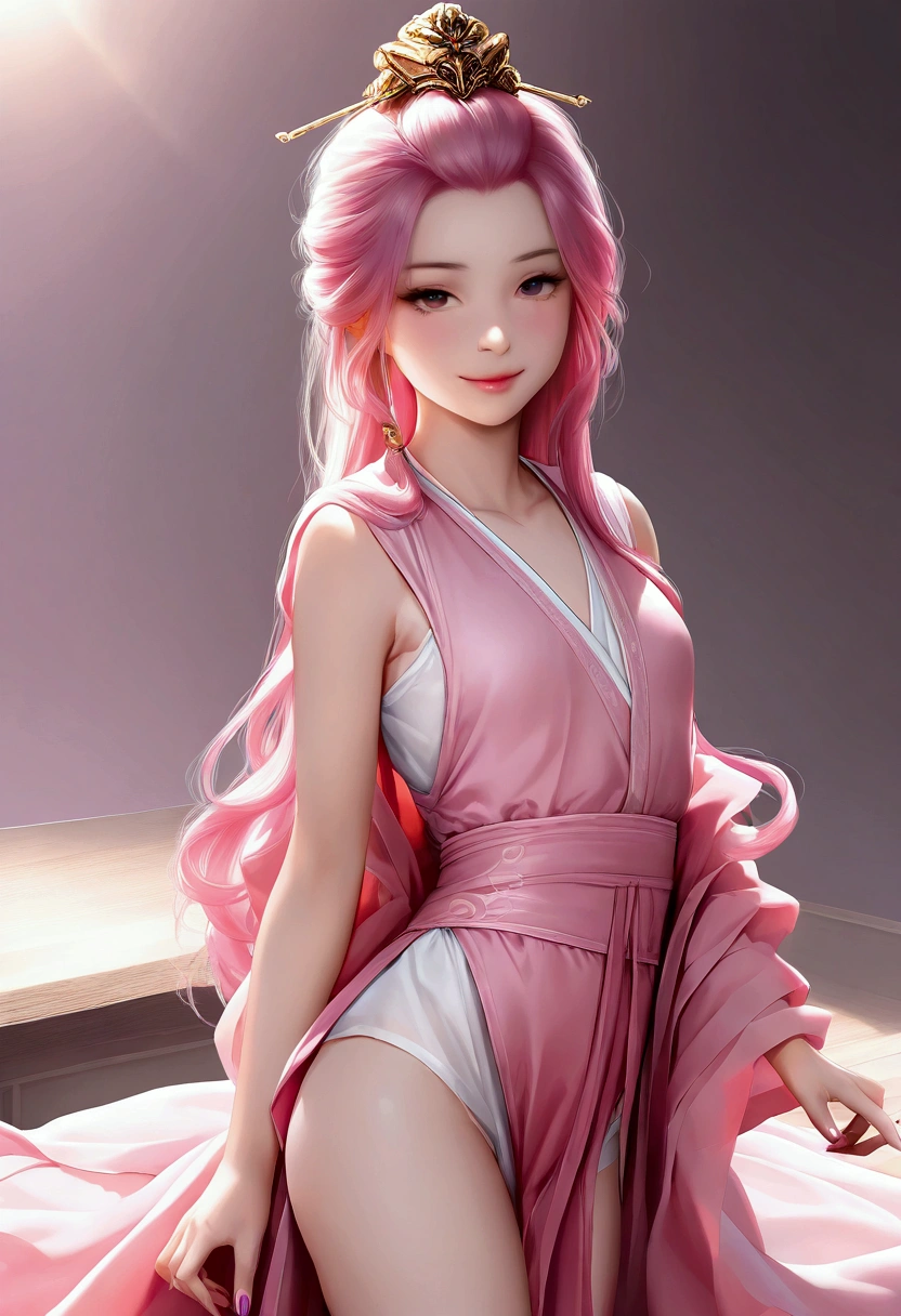 best quality, masterpiece, highres, wuxia 1girl, blush, (sensual smile:0.8), (white background:1.4), (dramatic look:1.2), star-shaped pupils, (Pink hair:1.3), (wearing white leather tide suite:1.3), Beautiful face, white face, upon_body, high detailed eyes, tyndall effect, photorealistic, dark studio, rim lighting, two tone lighting, (high detailed skin:1.2), 8k uhd, dslr, soft lighting, high quality, volumetric lighting, candid, Photograph, high resolution, 4k, 8k, Bokeh, (Very long pink twintails:1.2), ((medium size breast1.2))