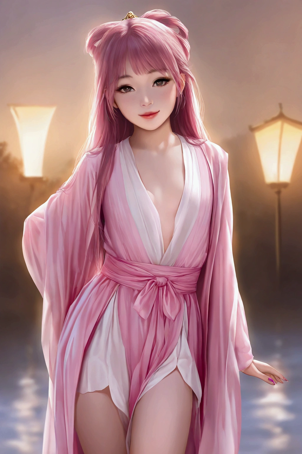 Perfect human body modeling, 1girl, small breasts, beautiful girl, cute girl and idol face, young face, smile, Beautiful long pink hair, twintails, Beautiful shining red eyes, white skin, Short body, Festival of the Weaver July 7th, blue yukata light cotton kimono worn in the summer or used as a bathrobe, Milky Way, starry sky, Many strips of paper are hung on bamboo branches