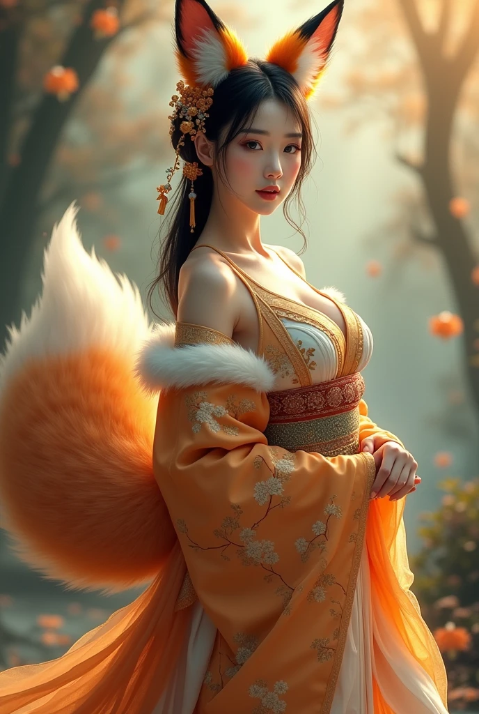 girl-fox kitsune, naked, sits with her back to the viewer in the lotus position, tattoo, hieroglyphs, lush sunny background, perfect, sharp focus, highly detailed, cinematic, real, blessed, intricate, innocent, beautiful, inspired, generous, dramatic, thought, iconic, epic, gorgeous, creative, surreal, best, cute, full