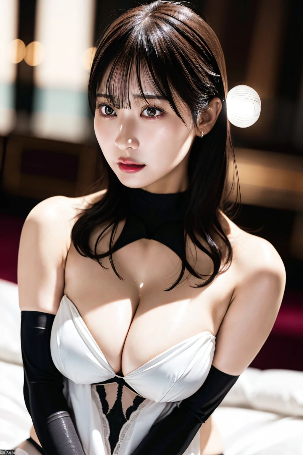 (NSFW)、1 beautiful Japanese woman, photorealistic, extremely detailed, ((breast focus, upper body)), perfect face,  gorgeous eyes, long eyelashes, beautiful lips, huge breasts:1.5, Very dexterous fingers,sweat:1.3, ((topless:1.5, black sexy stockings,cleavage ,show off nipples, bare breasts))、highly detailed glamour photography, Dim professional lighting、8k, ultra-detailed, masterpiece, realistic, photo-realistic:1.37, sharp focus, physically-based rendering、night、 luxury hotel