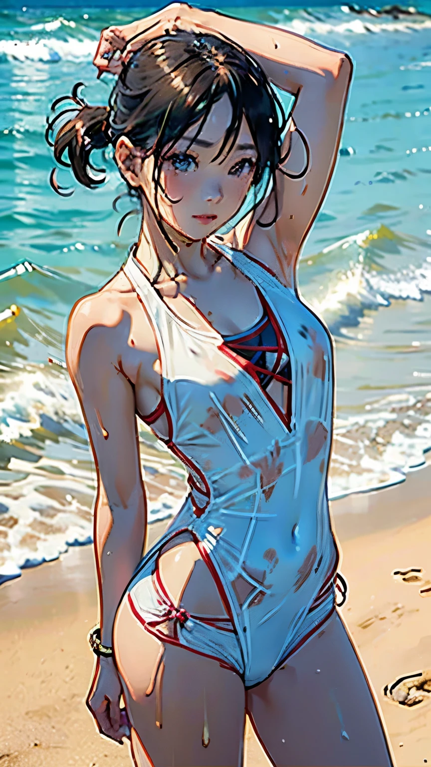 (  Japanese girl)、(Dancing lightly on the beach;1.2)、( DANCE SCENE )、( dynamic :1.2)、(Paleo in swimsuit)、    sleeveless dress,  Layered Cut ,   Beautiful physique、  slim abs: 1.2,   wet body: 1.2,   high-resolution face and skin textures that will distract your eyes from sticking out your shoulders,   double eyelids in judo uniforms, Messy hairstyle, plain makeup  ,  Clear Focus  : 1.2, ( dynamic 写真)、Dazzling sunshine、top quality, 8k,   masterpiece,  