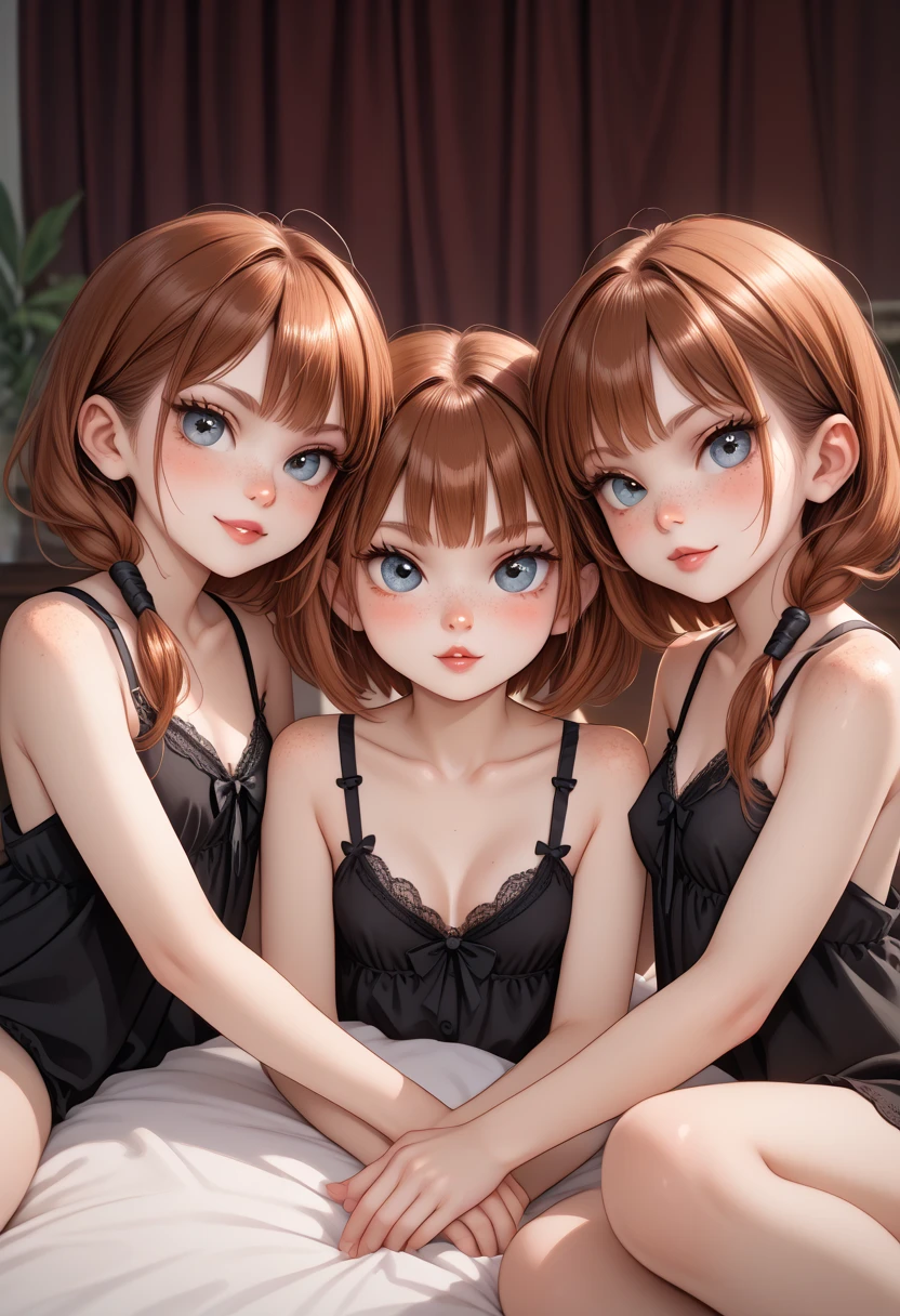 3girls, triplets Cute teen goth girls naughty and playful like girls auburn brown hair with freckles wearing a highly revealing and alluring nightgown as she lounges in her bed with her twin sister playing, young and innocent small little sisters, medium perky breasts cleavage décolletage low-cut neckline, small young little sisters