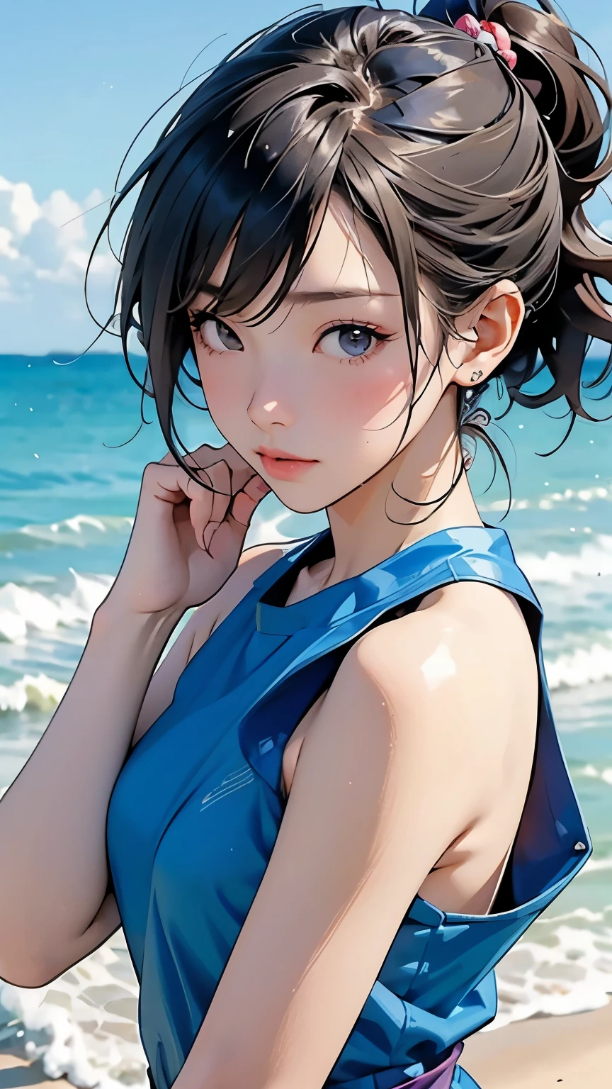 (  Japanese girl)、(Dancing lightly on the beach;1.2)、( DANCE SCENE )、( dynamic :1.2)、(Paleo in swimsuit)、    sleeveless dress,  Layered Cut ,   Beautiful physique、  slim abs: 1.2,   wet body: 1.2,   high-resolution face and skin textures that will distract your eyes from sticking out your shoulders,   double eyelids in judo uniforms, Messy hairstyle, plain makeup  ,  Clear Focus  : 1.2, ( dynamic 写真)、Dazzling sunshine、top quality, 8k,   masterpiece,  