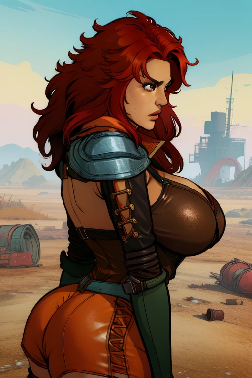 Mamiya, red hair, brown eyes, shoulder pads, leather leotard, cleavage, long sleeves, fingerless gauntlets, upper body, solo, standing, wasteland, junk yard, huge breasts, huge butt, huge thighs, (insanely detailed, beautiful detailed face, masterpiece, best quality),