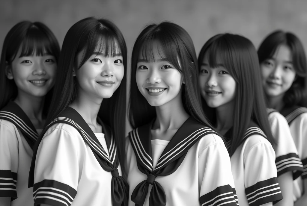 Japanese high school, Graduation photos of 40 classmates,  super real , Close your lips, Mr.々Expression,  photorealistic,  she looks so happy , レトロなBlack and white photography:1.331, Perfect drape configuration  ,  proper placement , Golden Ratio,  Japanese High School Sailor Suit  :1.21, Short sleeve clothing,  white short sleeve sailor suit :1.21,  will be Fuku:1.21,  black skirt, 1970s vibe, Black and white photography:1.331, concrete school background,