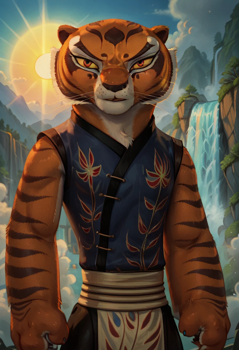 [Master Tigress], [Kung Fu Panda], [By Pixelsketcher], ((masterpiece)), ((HD)), ((high res)), ((solo portrait)), ((waist-up)), ((front view)), ((furry)),nacked, [Background; (mountains), (waterfall), (steam), (fog), (blue sky), (sun rays), (ambient lighting)]