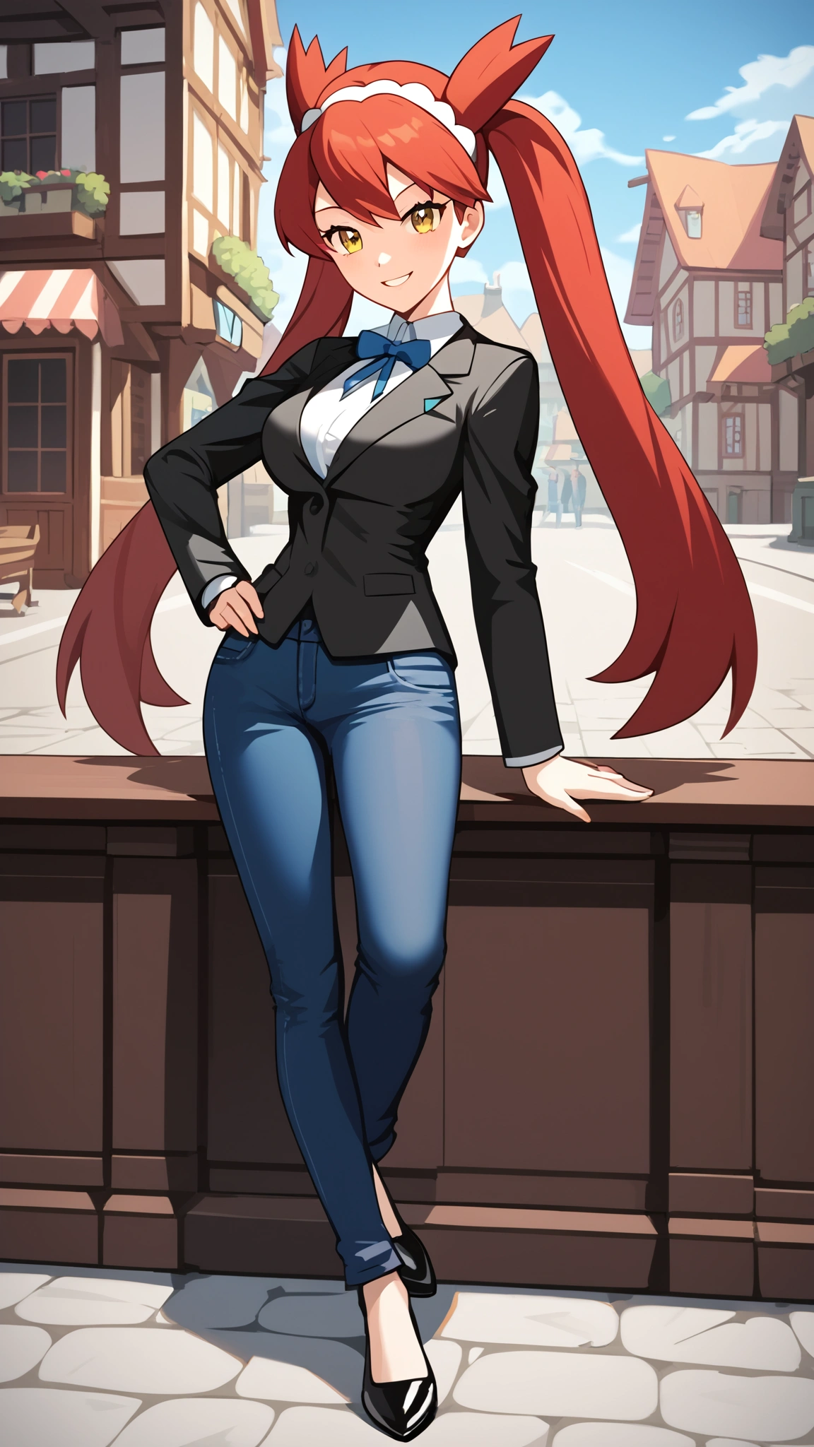  red hair,  Twin Tails ,  long hair, Yellow Eyes, Black suit, Black jeans,  black high heels, Ample breasts,  Tall,  viewers of the pin, 1 Female, Age 18,  standing with different breasts , whole body, Place one hand on hip, Pistol,  ANIME COLORING BOOK,  slim figure,  sexy smile,  Seductive Smile,  score_9,  score_8_Excellent,  score_7_Excellent,  score_6_Excellent,  top quality,  source_Anime,  cell shading ,  Flat Color , vector,  Detailed Background , town, building,  break 1 girl sitting, (\ Pokémon\), Outdoor,
