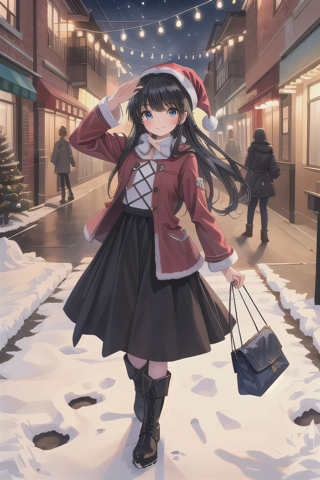 She is dressed in a classic Santa Claus outfit, with a red and white coat, a matching skirt, and black boots, perfectly tailored to her small frame. On her back, she carries a large, white sack filled with presents, the soft fabric of the bag hinting at its generous contents. The The background is a street corner illuminated with Christmas decorations, with the sky transitioning from a warm orange of sunset to the cool blue of night. Snowflakes gently fall, adding to the tranquil winter atmosphere. The girl’s bright and cheerful expression contrasts beautifully with the peaceful surroundings, evoking a sense of warmth and festive joy. masterpiece. masterpiece,  top quality,  high definition .