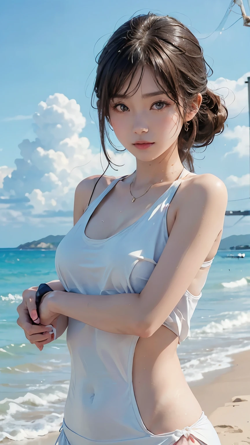 (  Japanese girl)、(Dancing lightly on the beach;1.2)、( DANCE SCENE )、( dynamic :1.2)、(Paleo in swimsuit)、    sleeveless dress,  Layered Cut ,   Beautiful physique、  slim abs: 1.2,   wet body: 1.2,   high-resolution face and skin textures that will distract your eyes from sticking out your shoulders,   double eyelids in judo uniforms, Messy hairstyle, plain makeup  ,  Clear Focus  : 1.2, ( dynamic 写真)、Dazzling sunshine、top quality, 8k,   masterpiece,  